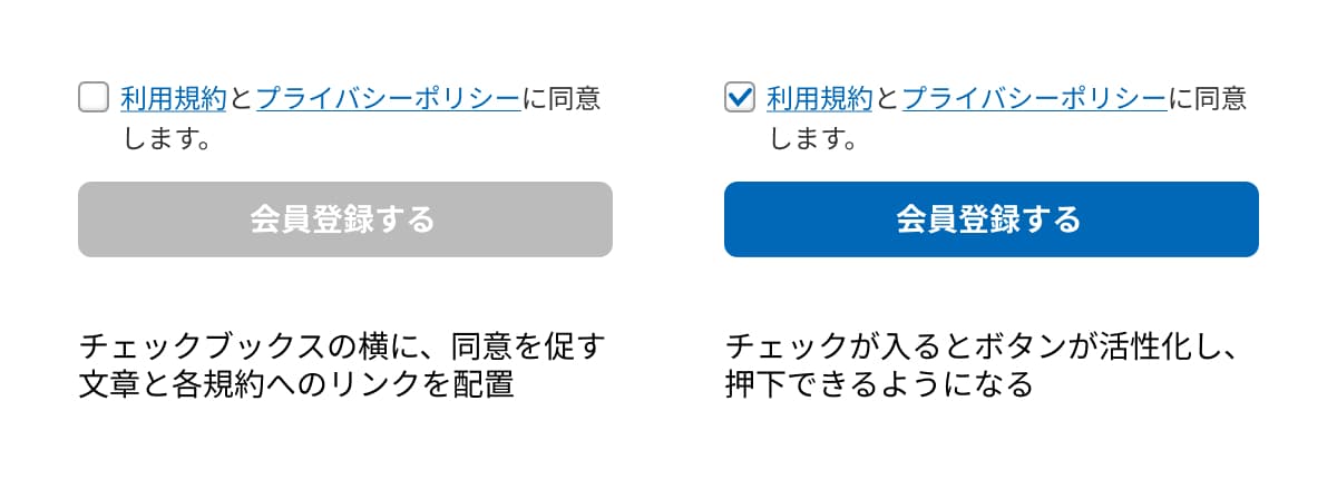 「利用規約同意」のチェックボックスありの一例