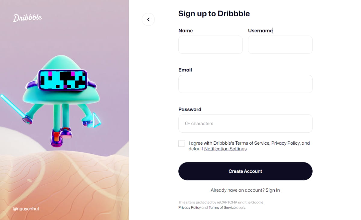 Dribble 会員登録画面